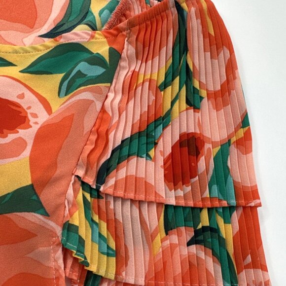 Anthropologie DR2 Womens Blouse Small Orange Tropical Floral Top Flutter Pleat - Picture 4 of 9